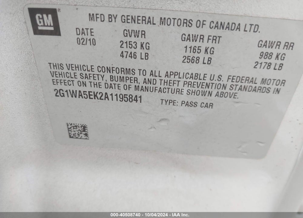 2010 CHEVROLET IMPALA LS VIN: 2G1WA5EK2A1195841