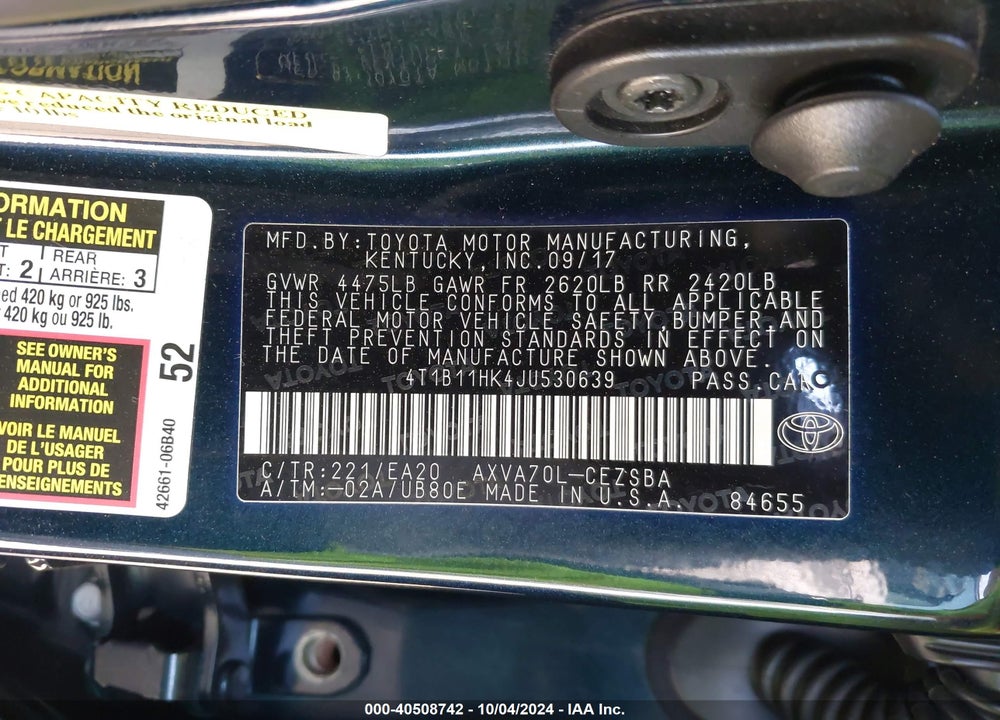 2018 TOYOTA CAMRY SE VIN: 4T1B11HK4JU530639