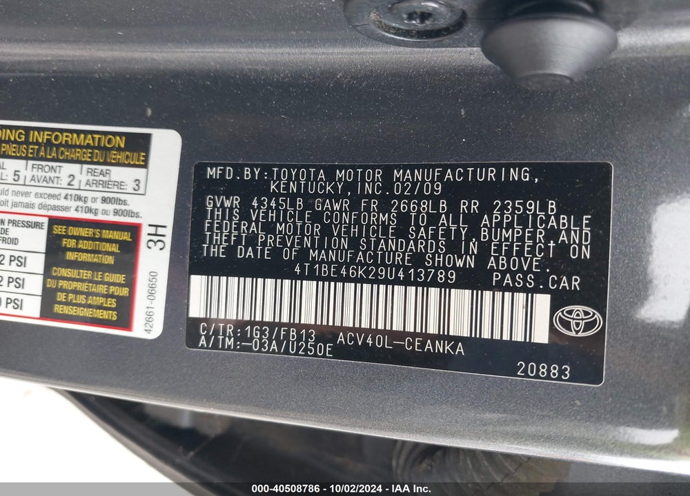 2009 TOYOTA CAMRY LE VIN: 4T1BE46K29U413789