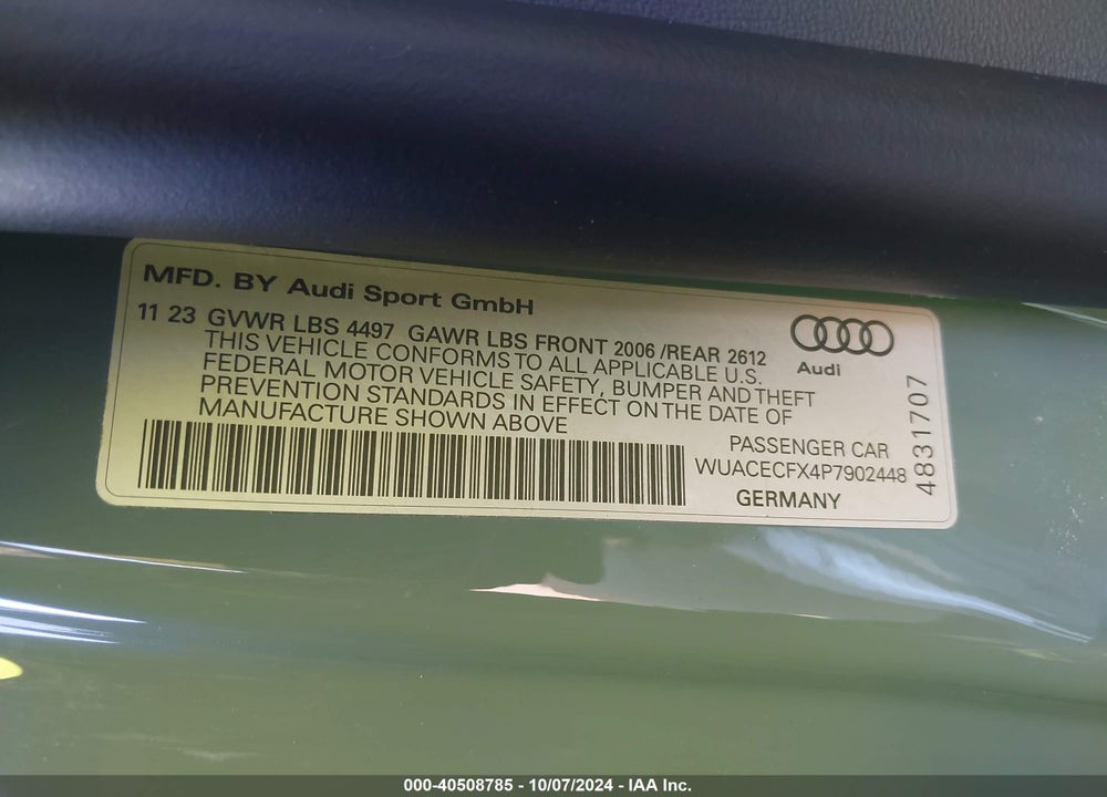 2023 AUDI R8 SPYDER V10 PERFORMANCE RWD S TRONIC VIN: WUACECFX4P7902448