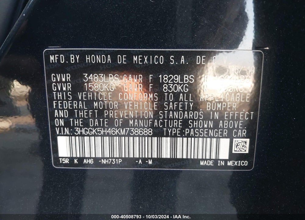 2019 HONDA FIT LX VIN: 3HGGK5H46KM738688