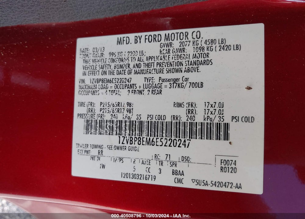 2014 FORD MUSTANG V6 VIN: 1ZVBP8EM6E5220247
