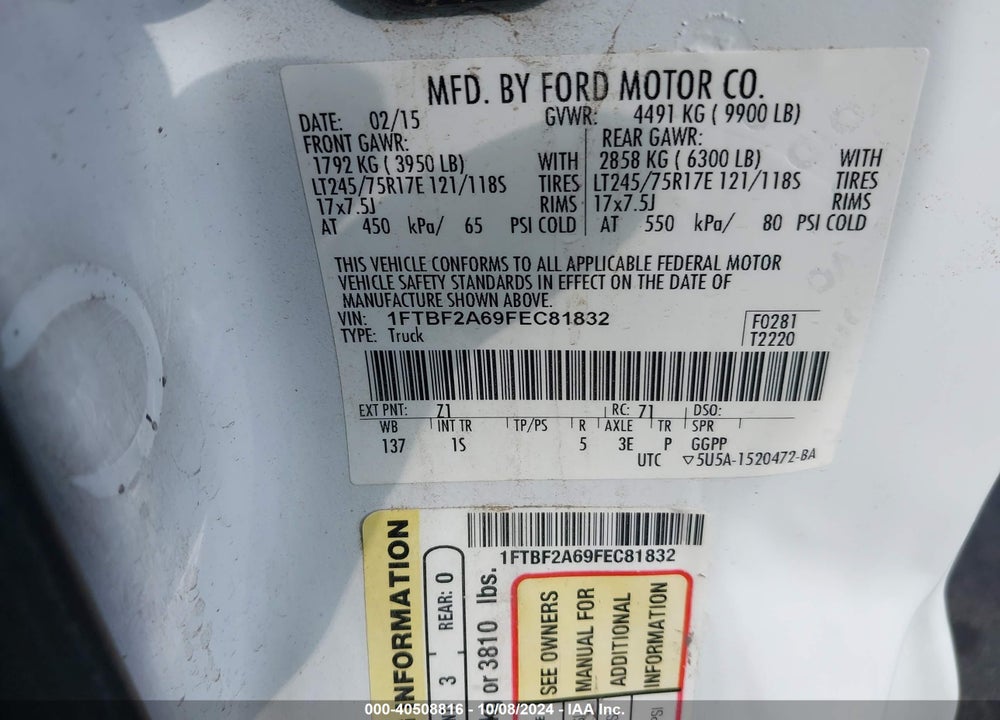 2015 FORD F-250 VIN: 1FTBF2A69FEC81832