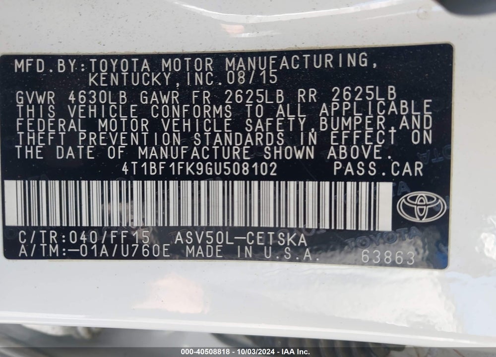 2016 TOYOTA CAMRY SE VIN: 4T1BF1FK9GU508102