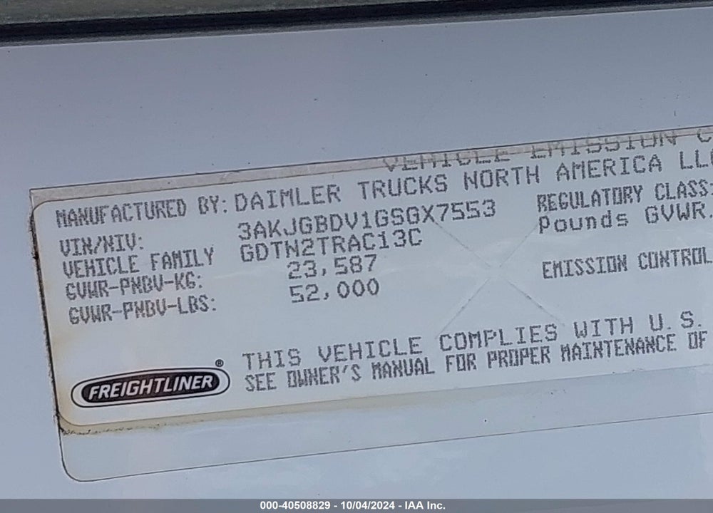2016 FREIGHTLINER CASCADIA 113 VIN: 3AKJGBDV1GSGX7553