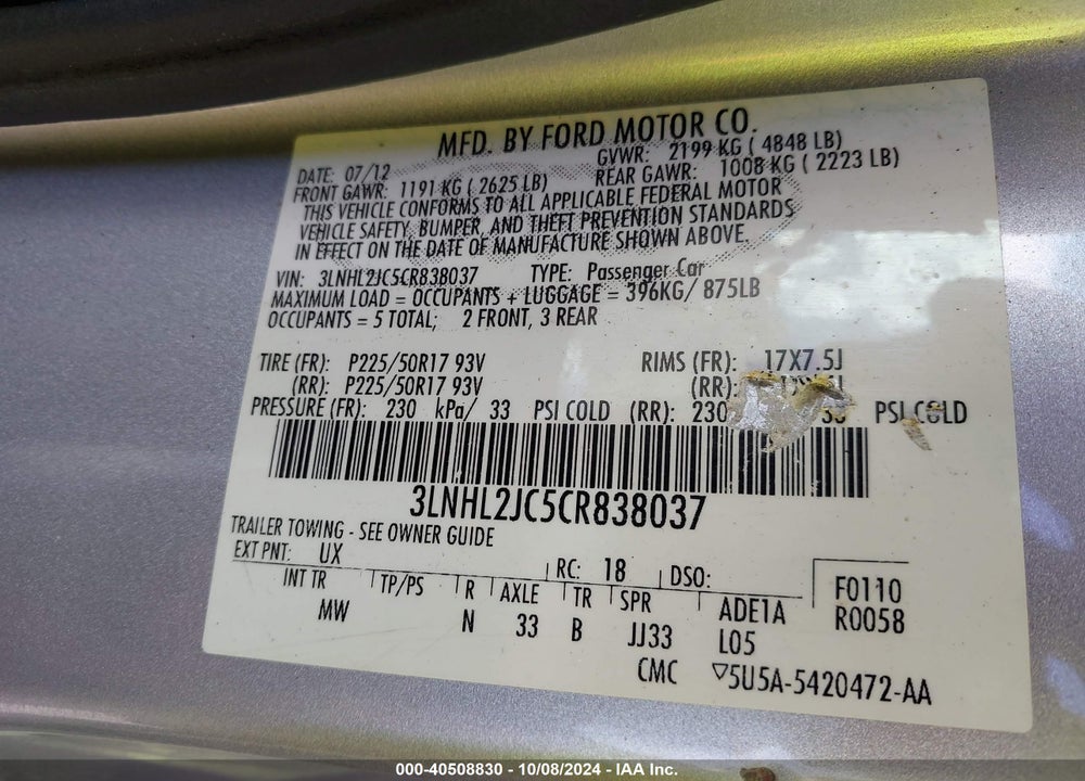 2012 LINCOLN MKZ VIN: 3LNHL2JC5CR838037
