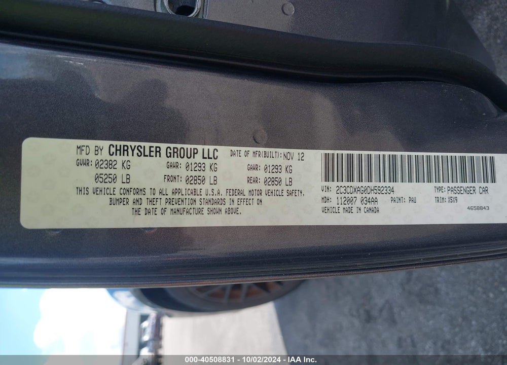 2013 DODGE CHARGER POLICE VIN: 2C3CDXAG0DH592334
