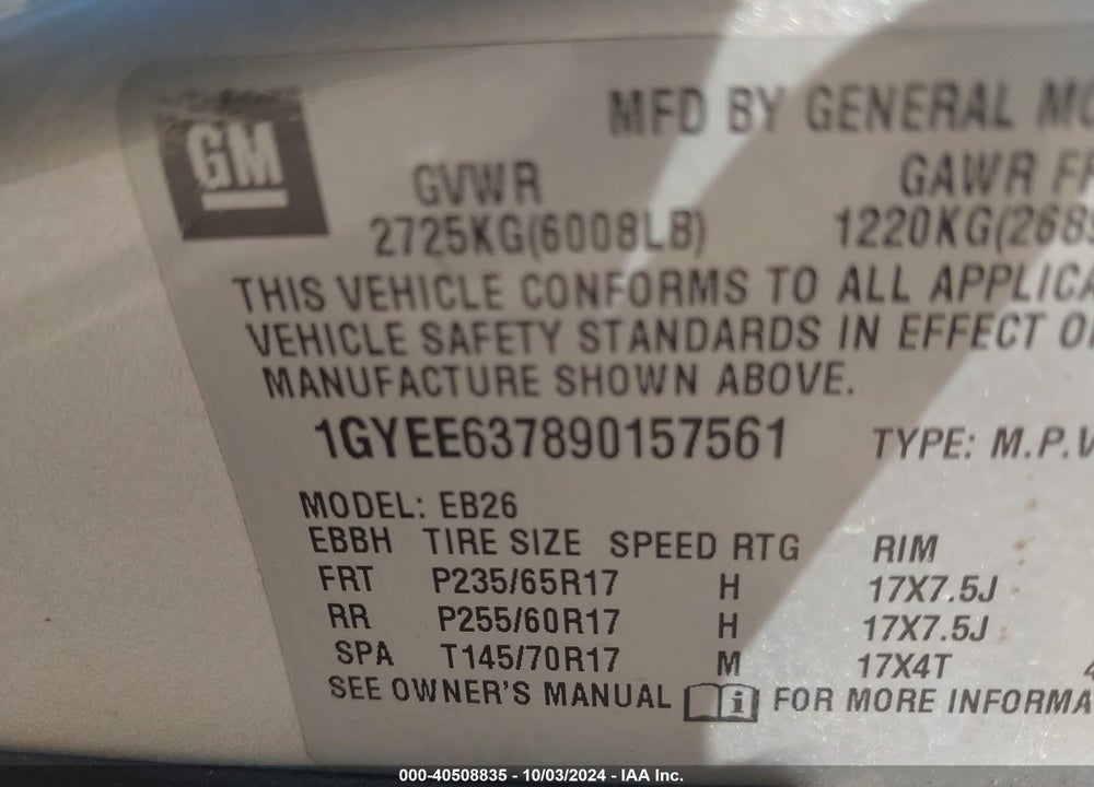 2009 CADILLAC SRX V6 VIN: 1GYEE637890157561