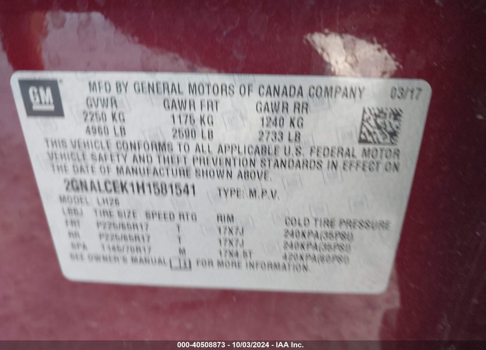 2017 CHEVROLET EQUINOX VIN: 2GNALCEK1H1581541