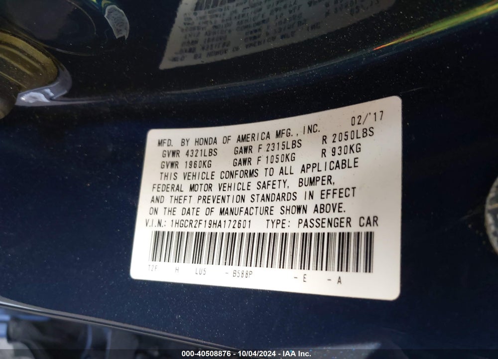 2017 HONDA ACCORD SPORT SE VIN: 1HGCR2F19HA172601