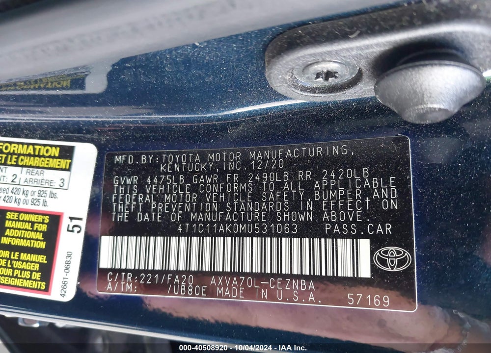 2021 TOYOTA CAMRY LE VIN: 4T1C11AK0MU531063