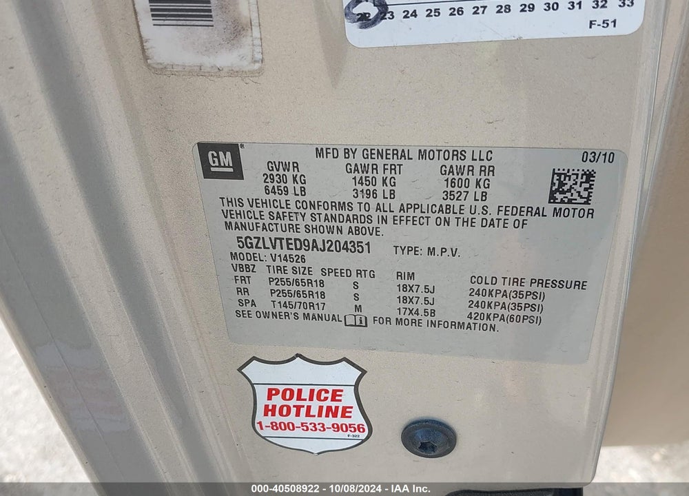 2010 SATURN OUTLOOK XE VIN: 5GZLVTED9AJ204351