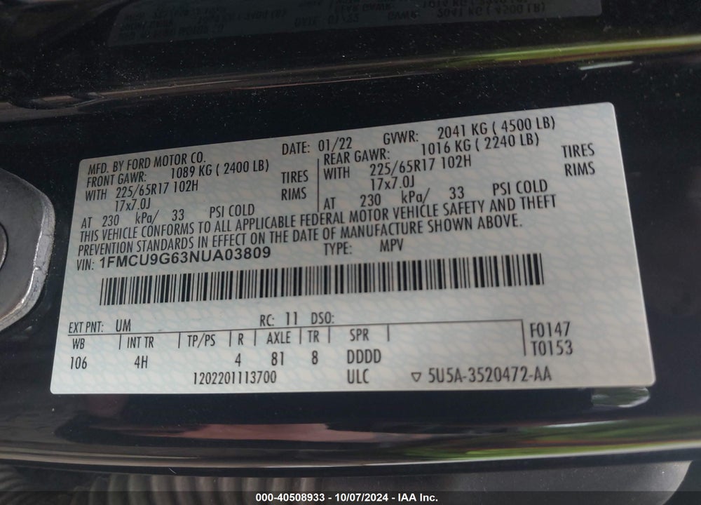 2022 FORD ESCAPE SE VIN: 1FMCU9G63NUA03809