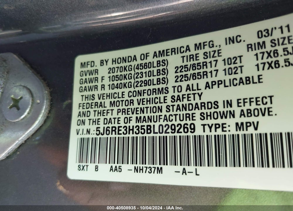 2011 HONDA CR-V VIN: 5J6RE3H35BL029269