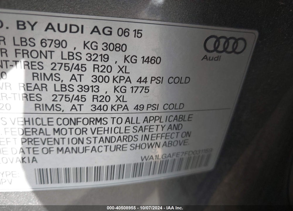 2015 AUDI Q7 3.0T PREMIUM VIN: WA1LGAFE7FD031159