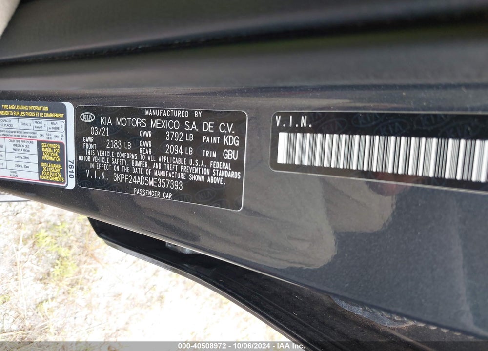2021 KIA FORTE LXS VIN: 3KPF24AD5ME357393