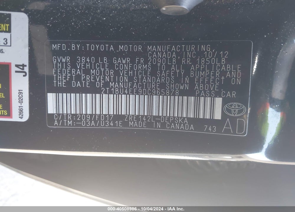 2013 TOYOTA COROLLA S VIN: 2T1BU4EE9DC965878