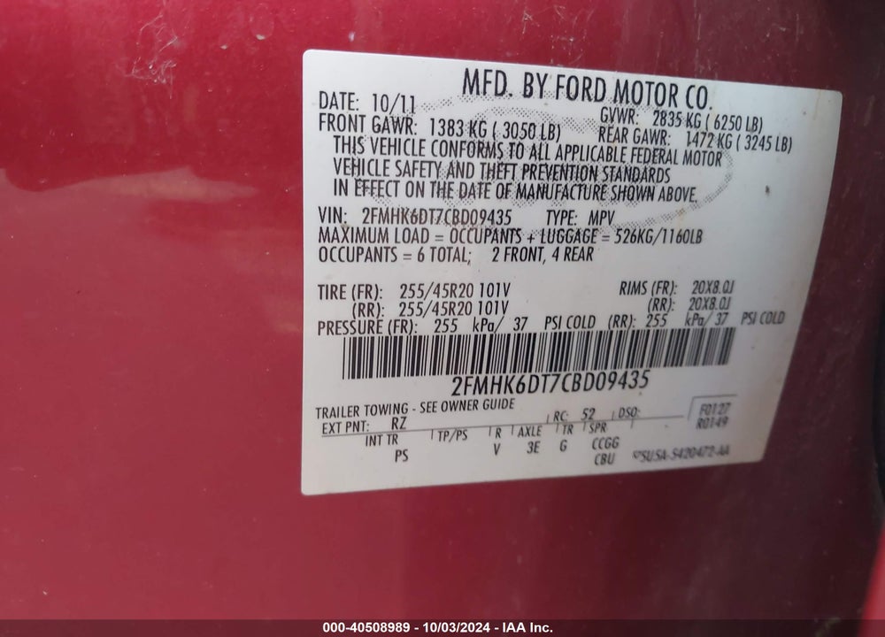 2012 FORD FLEX LIMITED VIN: 2FMHK6DT7CBD09435
