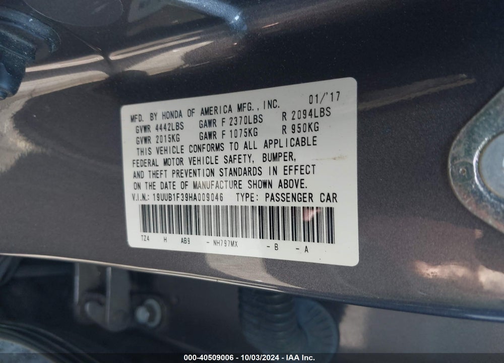 2017 ACURA TLX VIN: 19UUB1F39HA009046