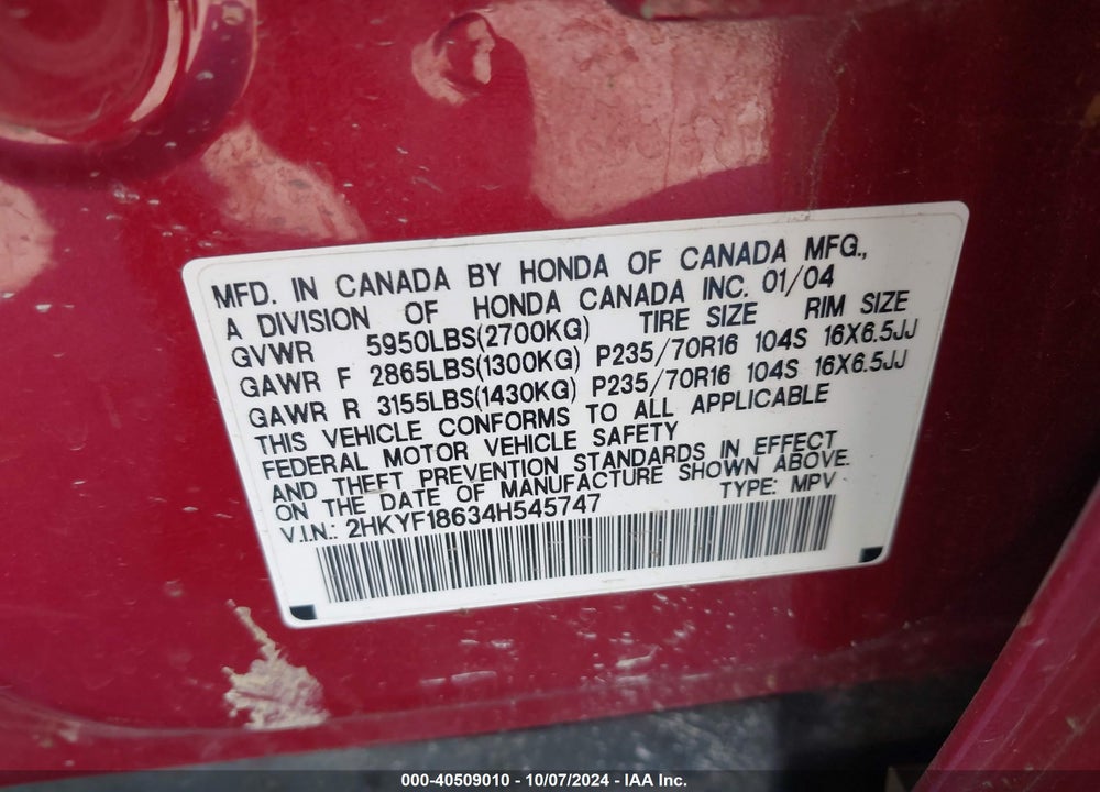 2004 HONDA PILOT EX-L VIN: 2HKYF18634H545747