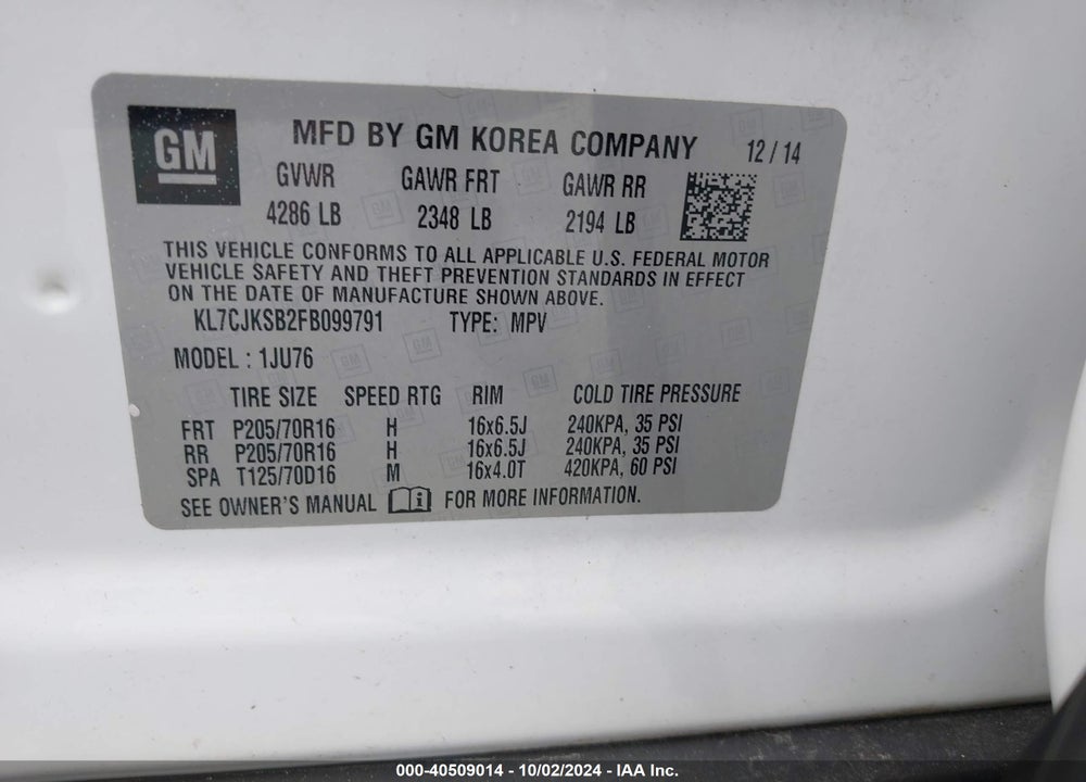 2015 CHEVROLET TRAX 1LS VIN: KL7CJKSB2FB099791