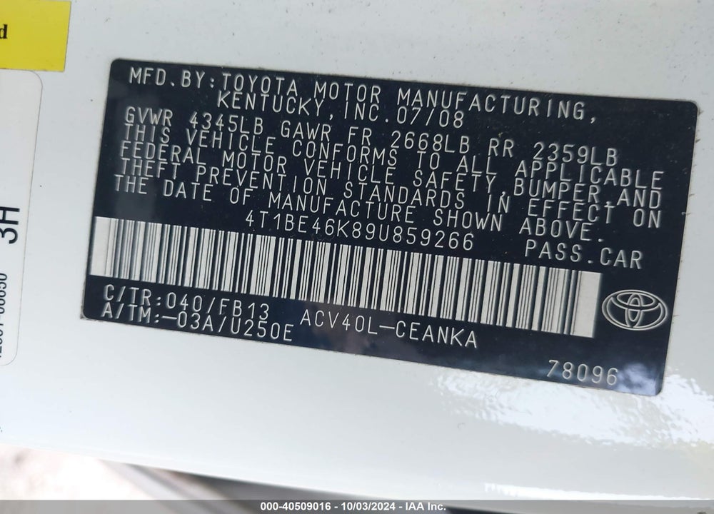 2009 TOYOTA CAMRY LE VIN: 4T1BE46K89U859266
