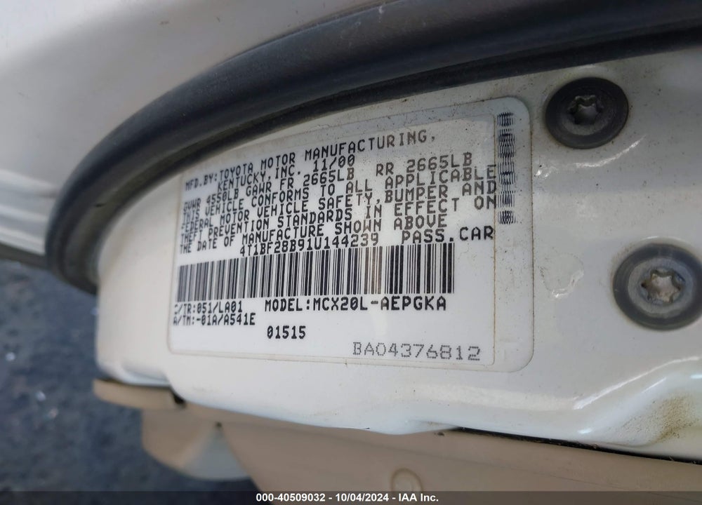 2001 TOYOTA AVALON XLS VIN: 4T1BF28B91U144239