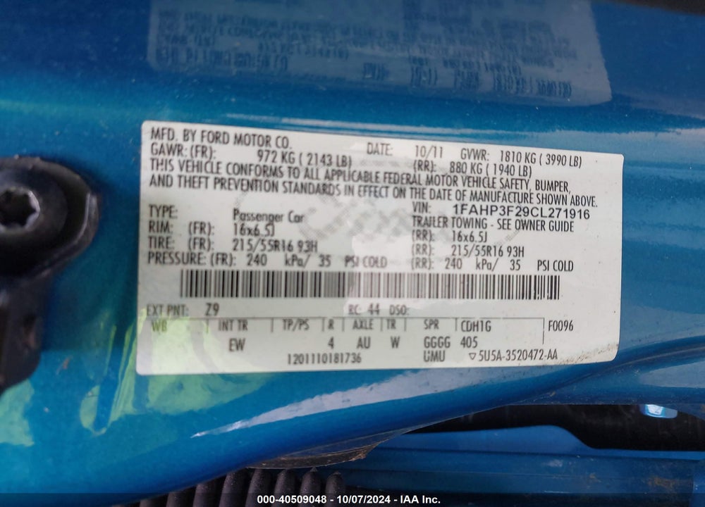 2012 FORD FOCUS SE VIN: 1FAHP3F29CL271916