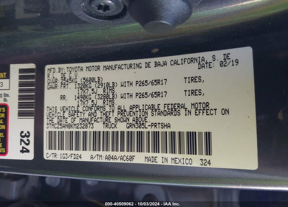 2019 TOYOTA TACOMA TRD SPORT VIN: 3TMCZ5AN8KM232873