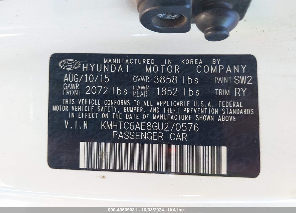 2016 HYUNDAI VELOSTER TURBO VIN: KMHTC6AE8GU270576