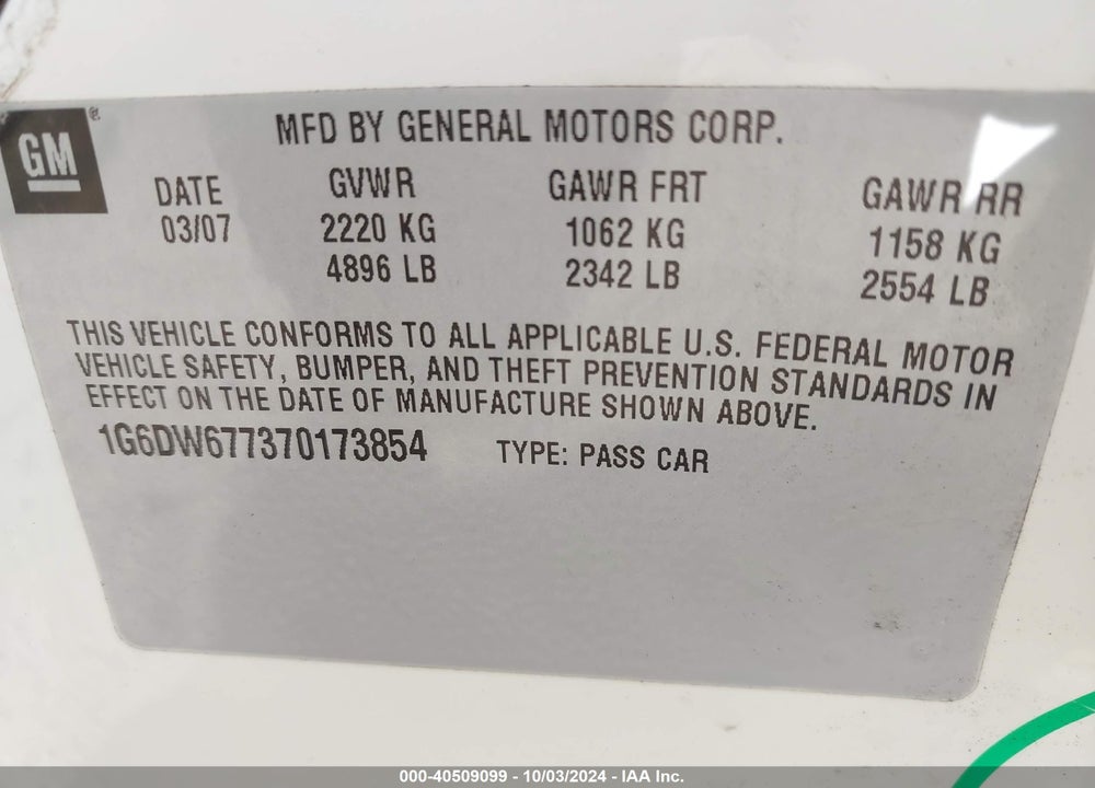2007 CADILLAC STS V6 VIN: 1G6DW677370173854