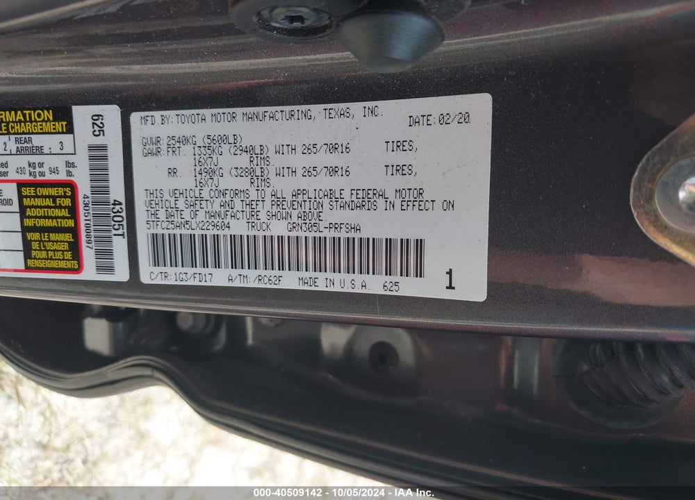 2020 TOYOTA TACOMA TRD OFF ROAD VIN: 5TFCZ5AN5LX229604