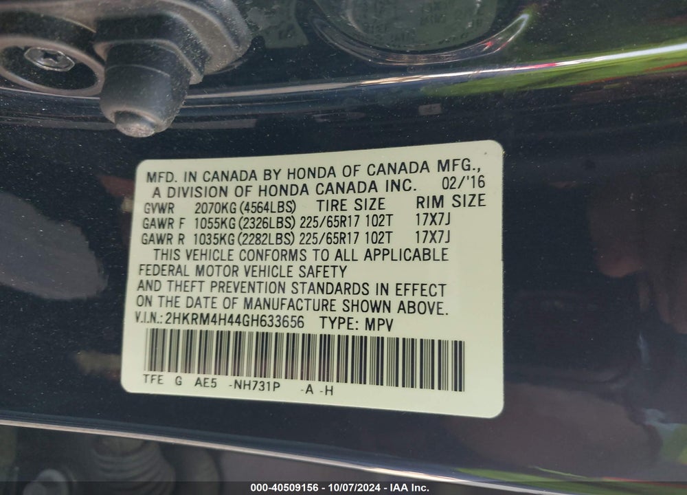 2016 HONDA CR-V SE VIN: 2HKRM4H44GH633656