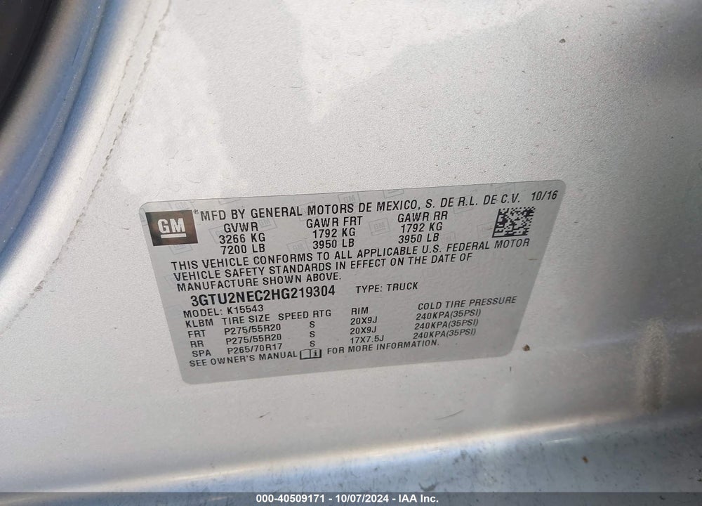 2017 GMC SIERRA 1500 SLT VIN: 3GTU2NEC2HG219304