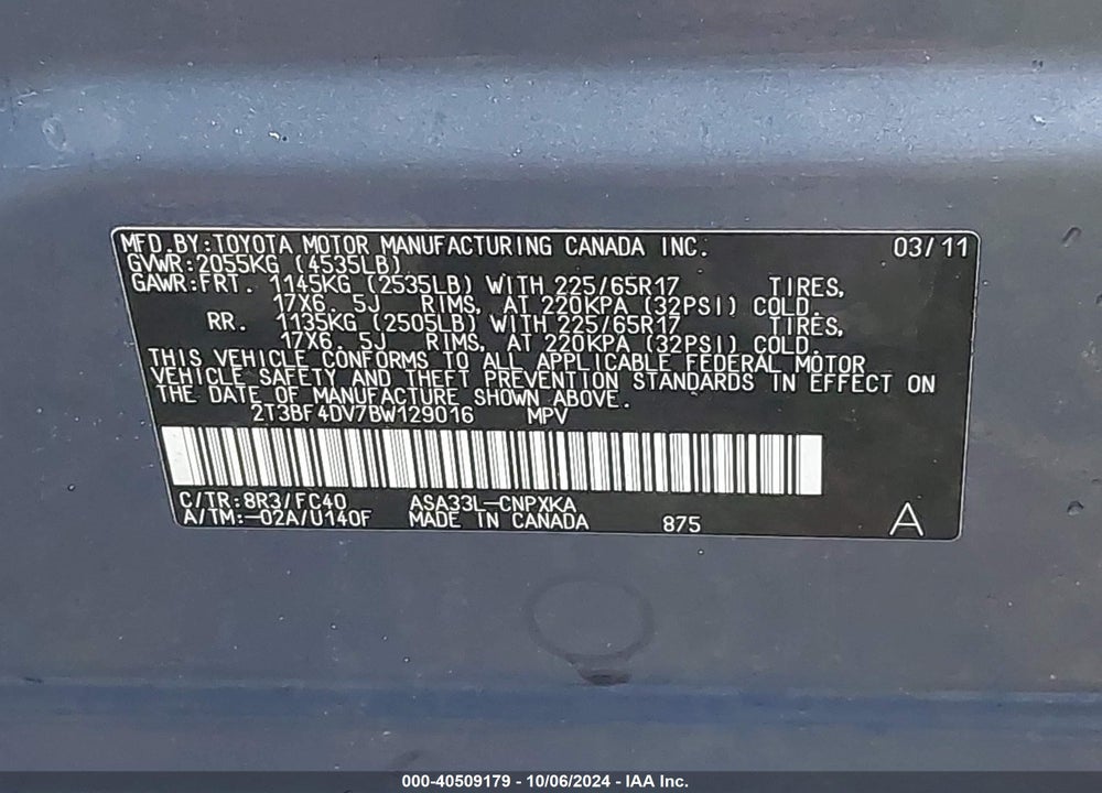 2011 TOYOTA RAV4 VIN: 2T3BF4DV7BW129016
