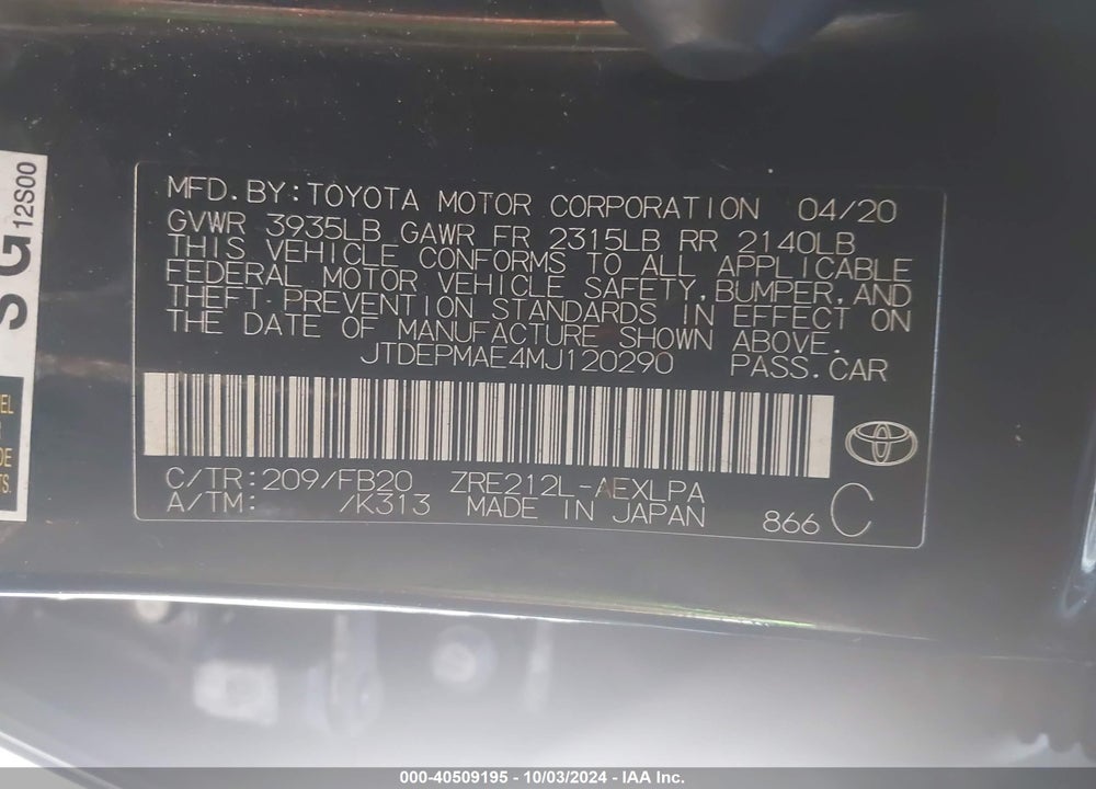 2021 TOYOTA COROLLA LE VIN: JTDEPMAE4MJ120290