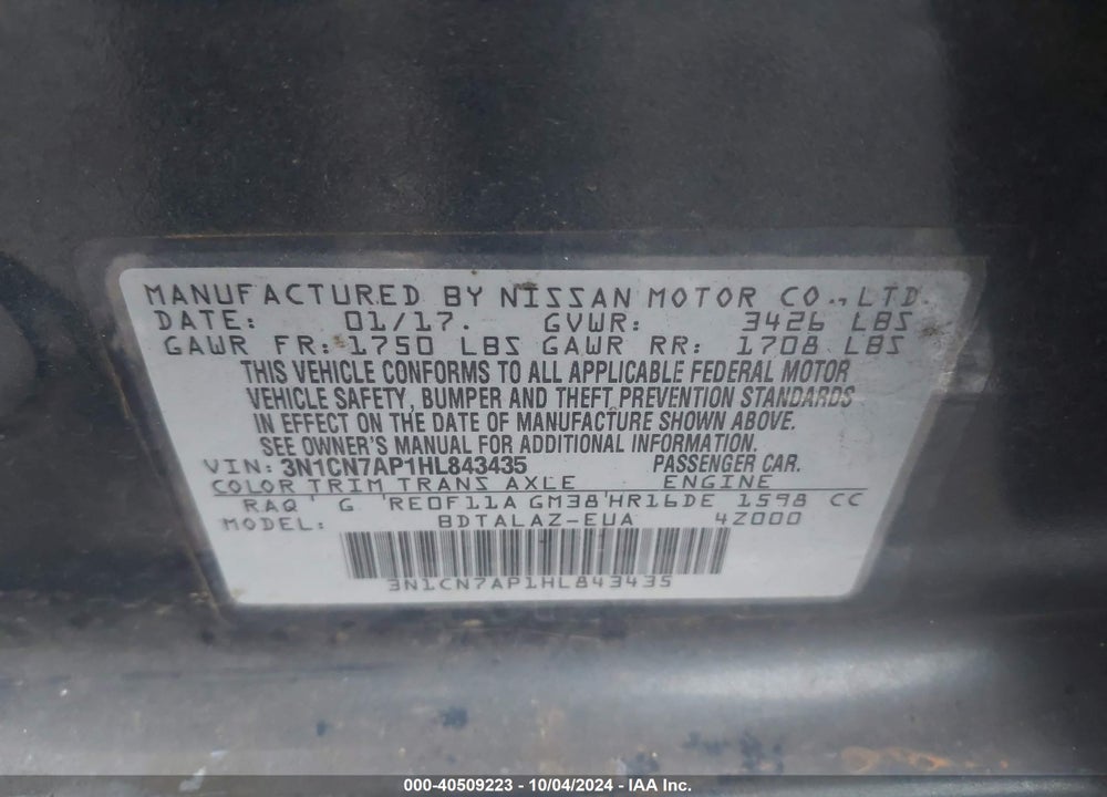 2017 NISSAN VERSA 1.6 S+ VIN: 3N1CN7AP1HL843435
