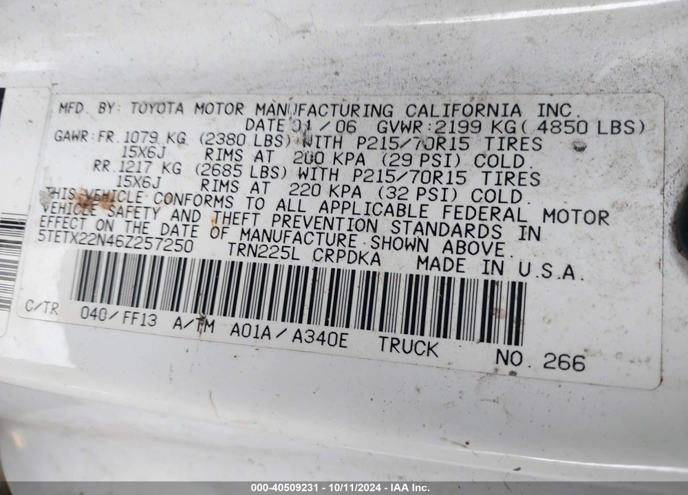 2006 TOYOTA TACOMA VIN: 5TETX22N46Z257250