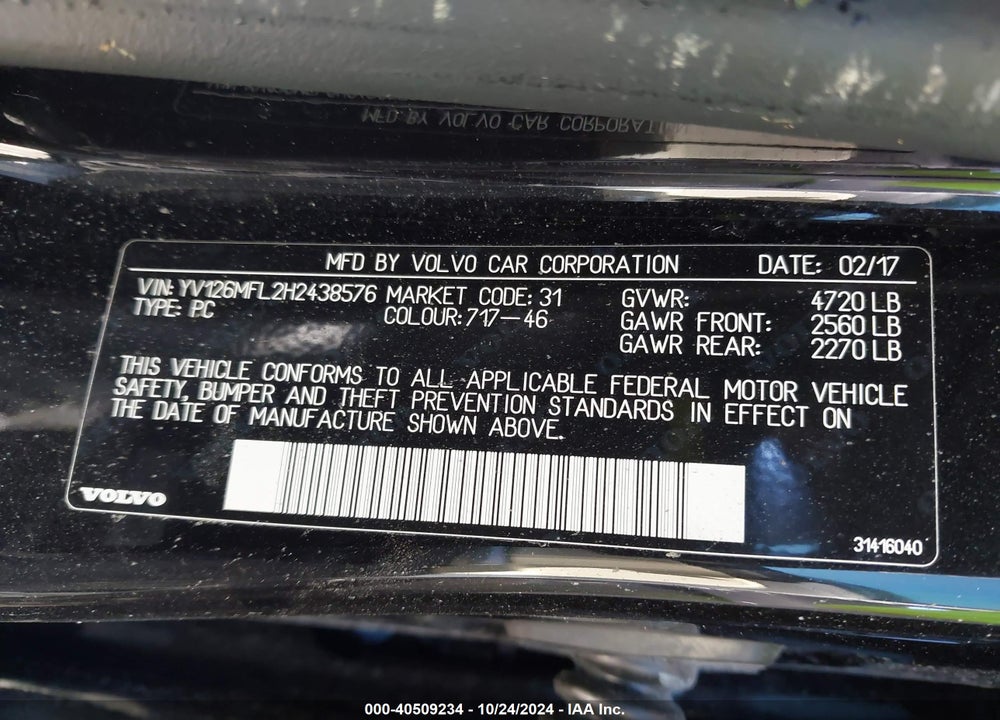 2017 VOLVO S60 T5 DYNAMIC VIN: YV126MFL2H2438576