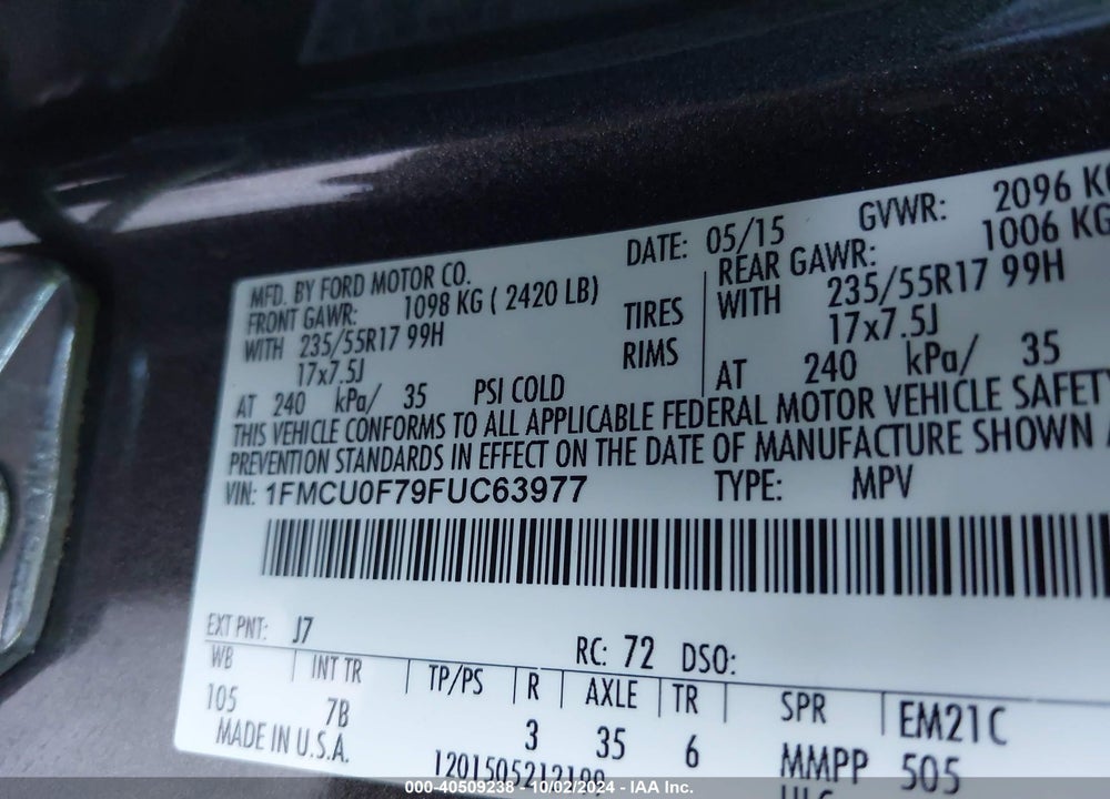 2015 FORD ESCAPE S VIN: 1FMCU0F79FUC63977