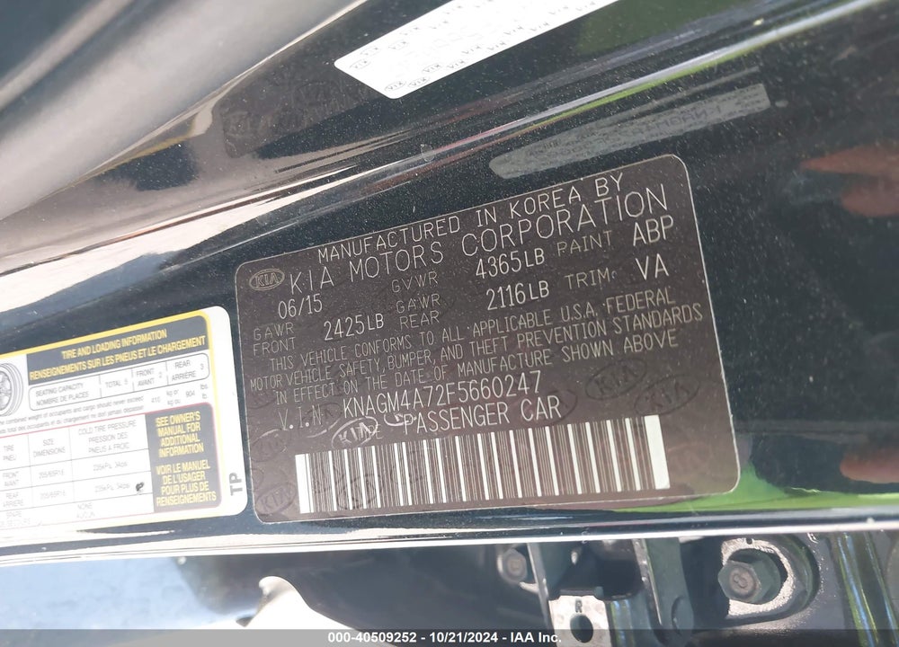 2015 KIA OPTIMA LX VIN: KNAGM4A72F5660247