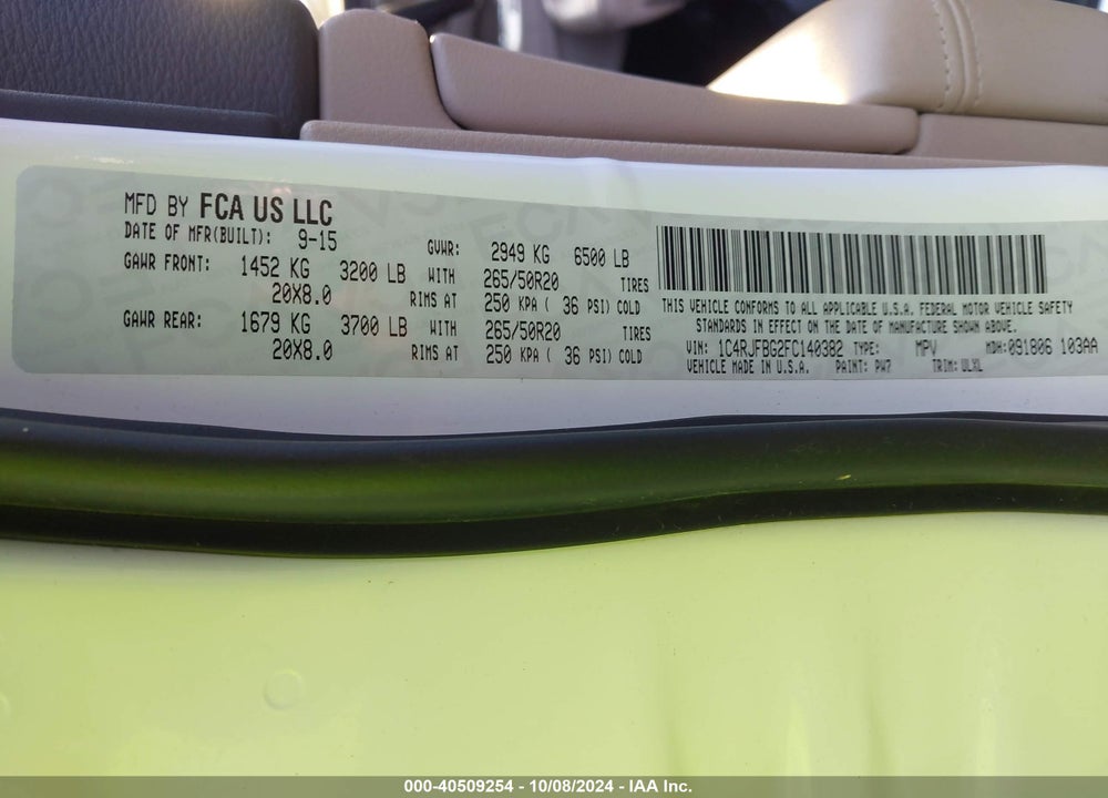 2015 CHEROKEE JEEP GRAND  LIMITED VIN: 1C4RJFBG2FC140382