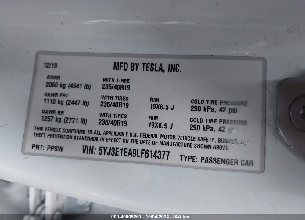 2020 TESLA MODEL 3 STANDARD RANGE PLUS REAR-WHEEL DRIVE/STANDARD RANGE REAR-WHEEL DRIVE VIN: 5YJ3E1EA9LF614377