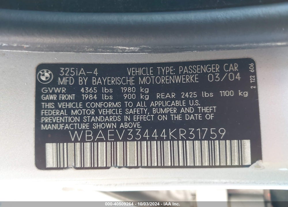 2004 BMW 325I VIN: WBAEV33444KR31759