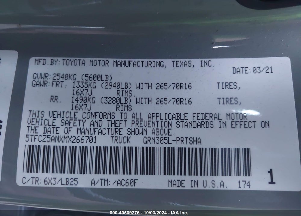 2021 TOYOTA TACOMA TRD PRO VIN: 5TFCZ5ANXMX266701