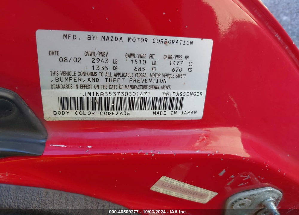 2003 MAZDA MX-5 MIATA CLOTH/LS/SE/SHINSEN VIN: JM1NB353730301471