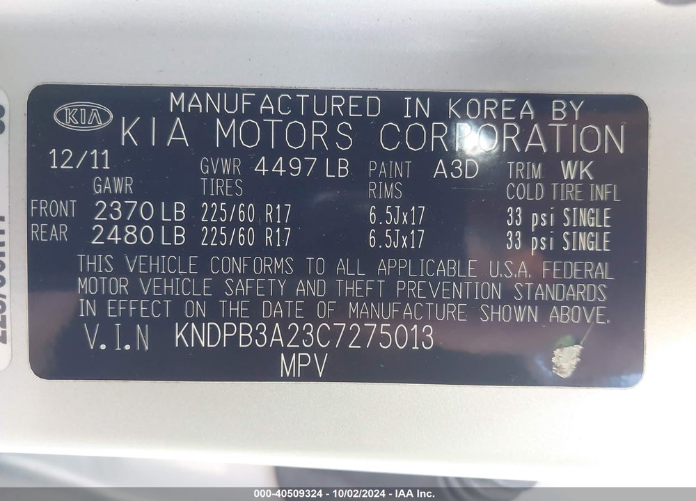 2012 KIA SPORTAGE LX VIN: KNDPB3A23C7275013