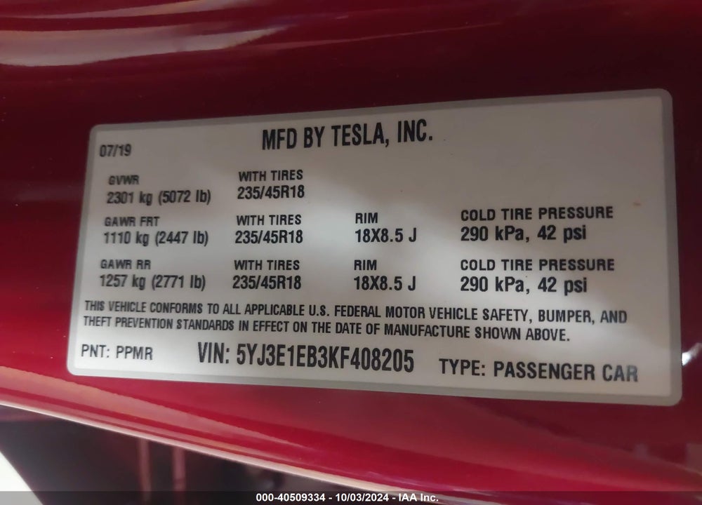 2019 TESLA MODEL 3 LONG RANGE/PERFORMANCE VIN: 5YJ3E1EB3KF408205