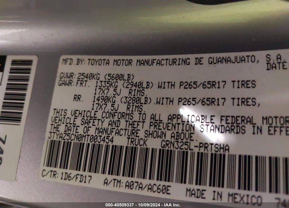 2021 TOYOTA TACOMA TRD SPORT VIN: 3TYAZ5CN0MT003454