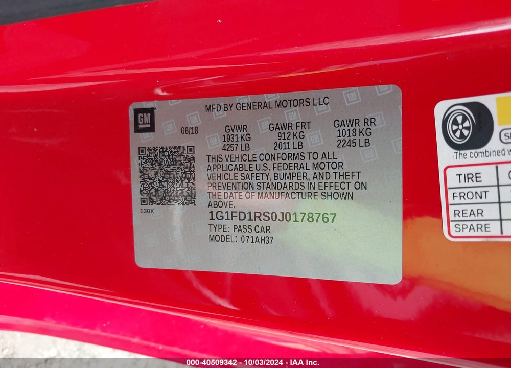 2018 CHEVROLET CAMARO 2LT VIN: 1G1FD1RS0J0178767